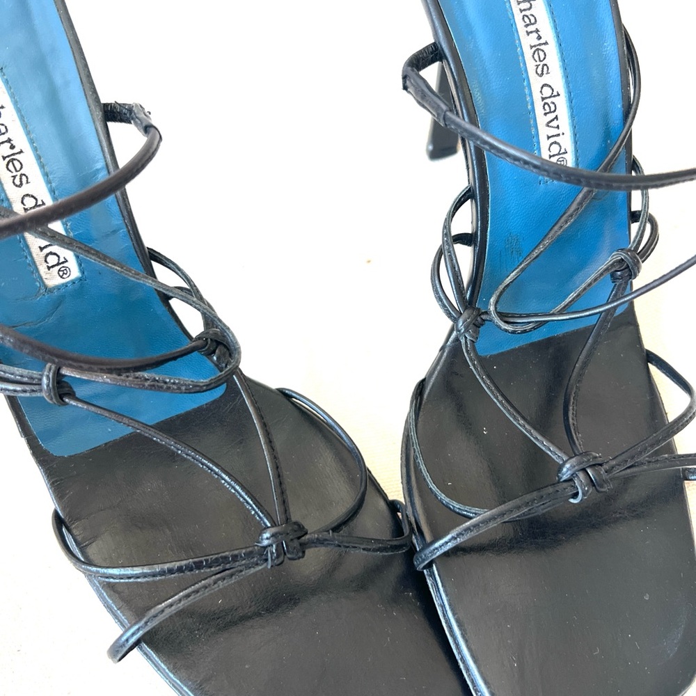 Charles David Black Strappy Heeled Sandals with Blue Insole